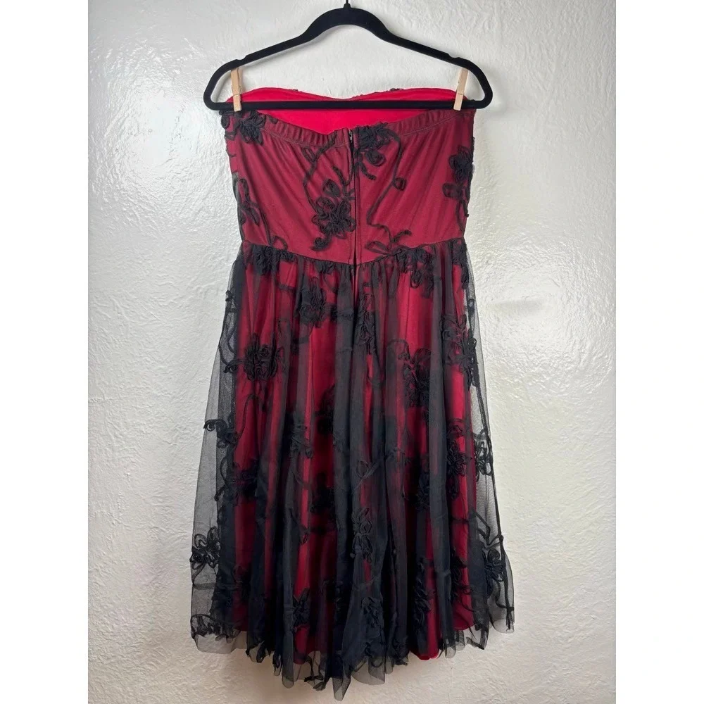 NEW Strapless Dress Juniors 11/12 Red Black‎ Mesh Embroidery Goth Dark Romance